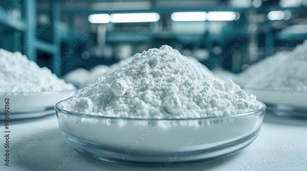 Close-up of white powder in a shallow glass dish in a laboratory setting, highlighting the texture and details of the powder. Close-up of white powder in a shallow glass dish in a laboratory setting, highlighting the texture and details of the powder.