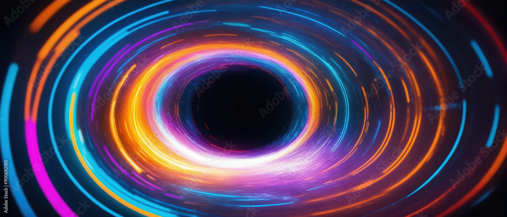 A futuristic concept with bright neon lights, forming a swirling tunnel of abstract circles. Designed in dynamic style with vibrant colors. Excellent for events like parties, raves or for banners.