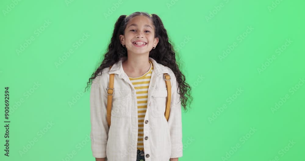 Happy, child and backpack for education by green screen background for back to school, learning and study. Excited, girl and student with bag for academy lesson, mockup and knowledge development Happy, child and backpack for education by green screen background for back to school, learning and study. Excited, girl and student with bag for academy lesson, mockup and knowledge development