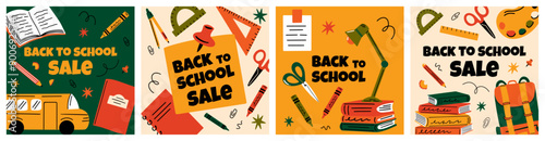 Back to school vector design concept banner, social media post set. Background, web, store advertising, shopping, discount offer, sale with stationery elements illustration in flat cartoon retro style
