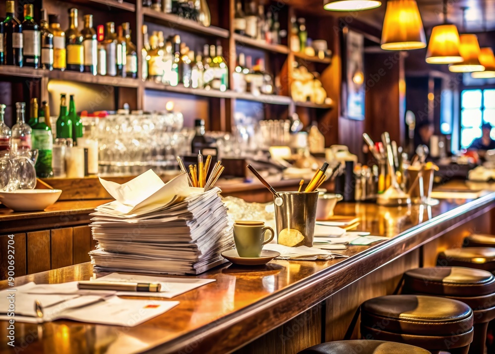Cluttered bar counter with stacked restaurant and bar checks featuring various orders, covered in scribbled notes and stains, surrounded by scattered pens and papers. Cluttered bar counter with stacked restaurant and bar checks featuring various orders, covered in scribbled notes and stains, surrounded by scattered pens and papers.