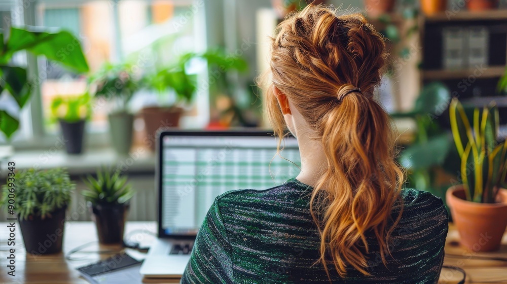 A focused woman works on a laptop surrounded by plants, creating a serene and productive workspace environment.