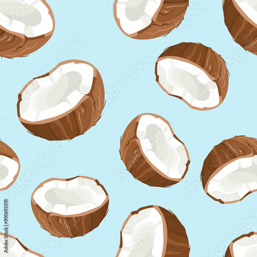 Coconut halves isolated on blue background. Vector background. Cartoon flat illustration.