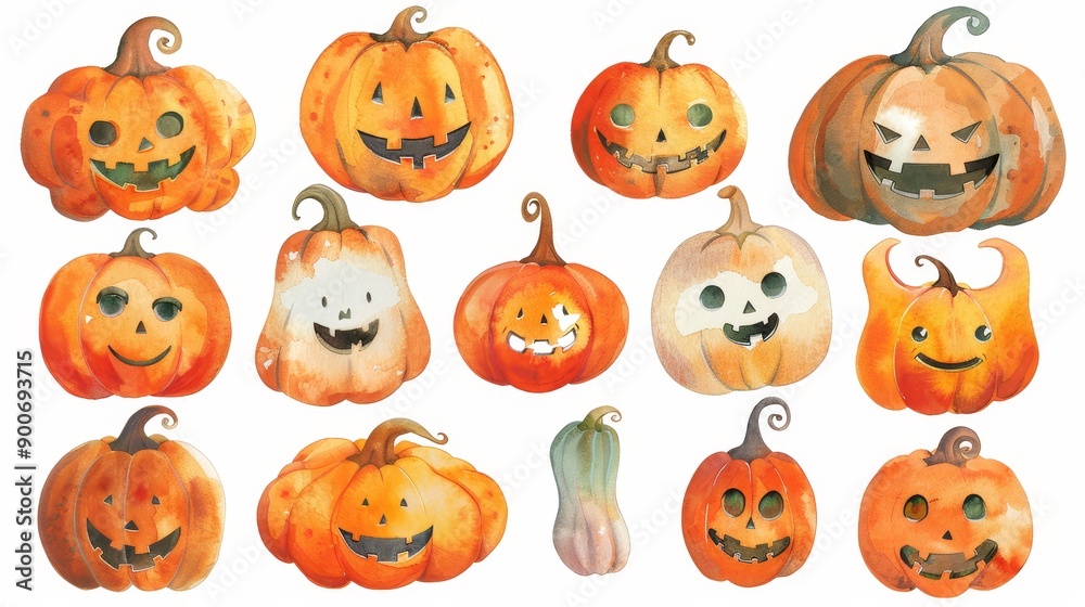 Naklejka premium Halloween pumpkins set. White background. Watercolor illustrations