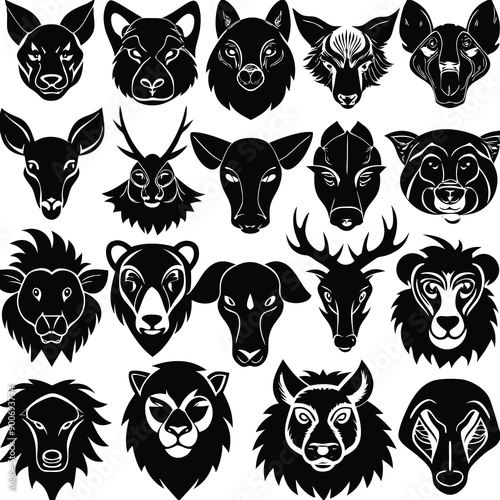 Animals heads drawn vector illustrations different sorts silhouettes set