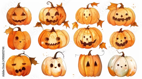 Halloween pumpkins set. White background. Watercolor illustrations