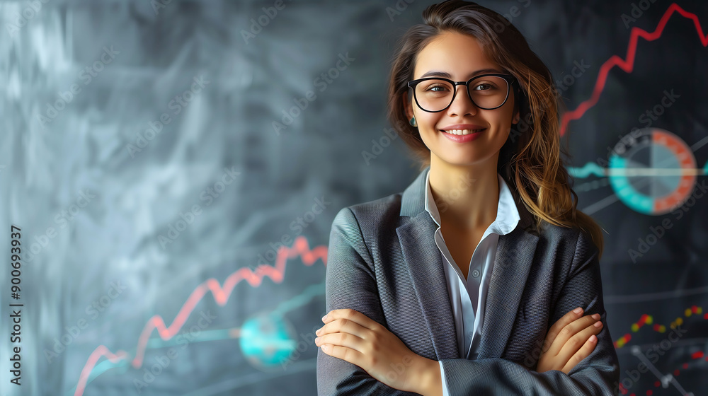 Confident businesswoman standing with crossed arms in front of financial chart Confident businesswoman standing with crossed arms in front of financial chart