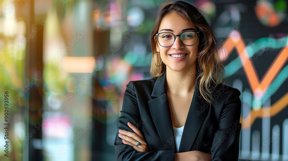 Confident businesswoman standing with crossed arms in front of financial chart Confident businesswoman standing with crossed arms in front of financial chart