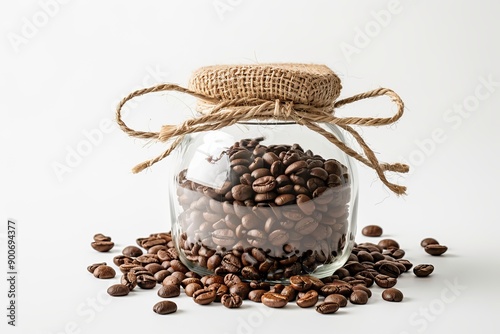 Transparent glass jar tied with twine, overflowing with aromatic roasted coffee beans