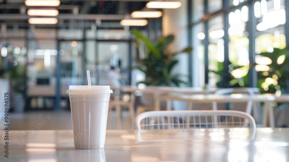 Transparent protein drink on office desk in work environment, Transparent protein drink on office desk in work environment,