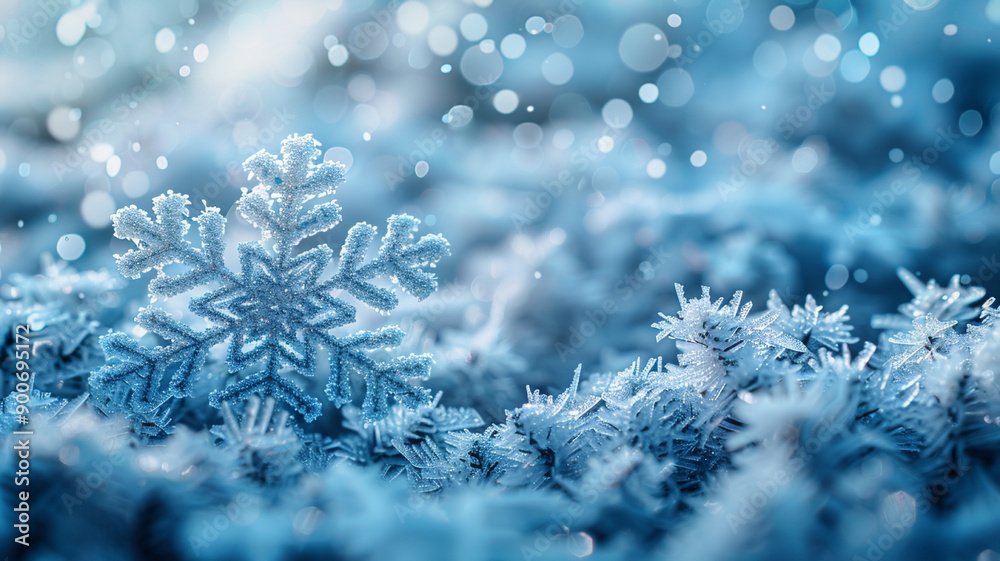 Frozen snowflakes resting on a bed of other snowflakes close up Frozen snowflakes resting on a bed of other snowflakes close up