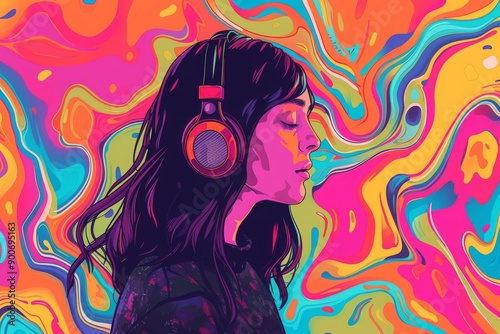 A young woman with headphones on listens to music in a colorful, abstract setting