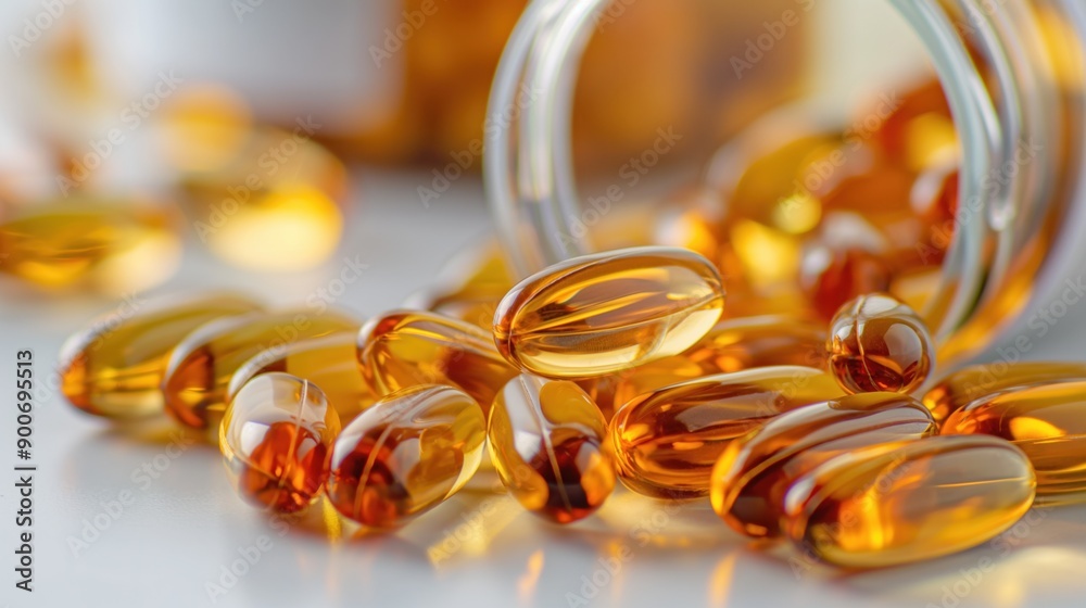Close-up of amber-colored gel capsules spilling out of a glass jar, likely dietary supplements, vitamins, or fish oil.