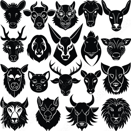 Animals heads drawn vector illustrations different sorts silhouettes set