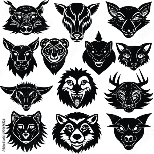 Animals heads drawn vector illustrations different sorts silhouettes set