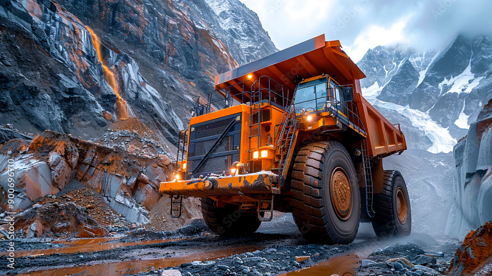 Work of construction equipment in a quarry large quarry yellow truck. Concept open pit mine industry. Work of construction equipment in a quarry large quarry yellow truck. Concept open pit mine industry.