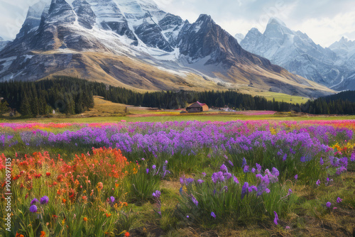 Alpine meadow with vibrant flowers, nestled near a serene lake in the mountains