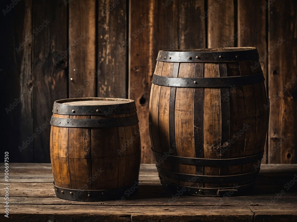 Worn old wooden table and barrel background Worn old wooden table and barrel background