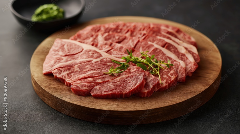 Close-up of thinly sliced raw marbled beef with green herbs on a wooden cutting board, with blurred green garnish in the background. Close-up of thinly sliced raw marbled beef with green herbs on a wooden cutting board, with blurred green garnish in the background.