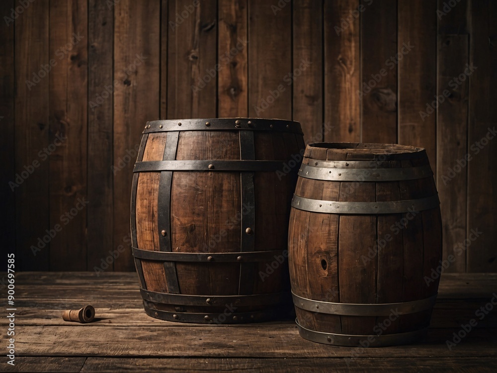 Worn old wooden table and barrel background