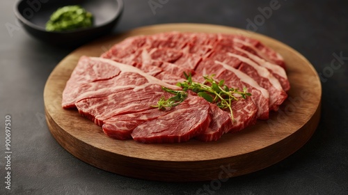 Close-up of thinly sliced raw marbled beef with green herbs on a wooden cutting board, with blurred green garnish in the background.