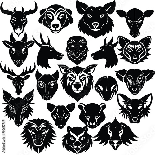 Animals heads drawn vector illustrations different sorts silhouettes set