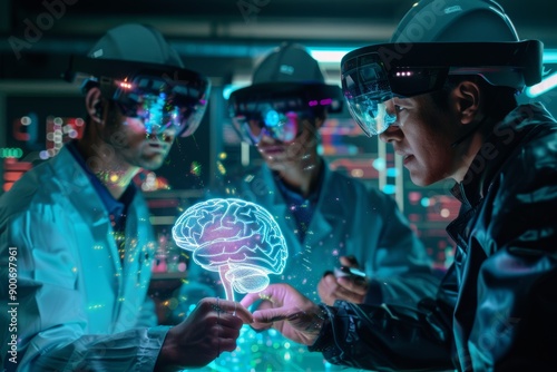 Wallpaper Mural Scientists Using Augmented Reality Glasses to Study 3D Brain Model in Futuristic Laboratory Torontodigital.ca