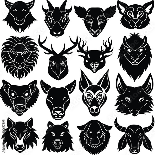 Animals heads drawn vector illustrations different sorts silhouettes set