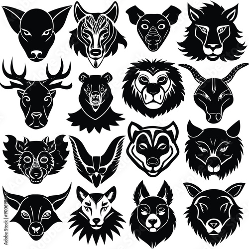 Animals heads drawn vector illustrations different sorts silhouettes set