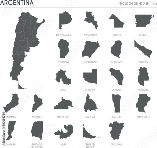 Argentina region silhouettes set and blank map of the country isolated on white background. Vector illustration design