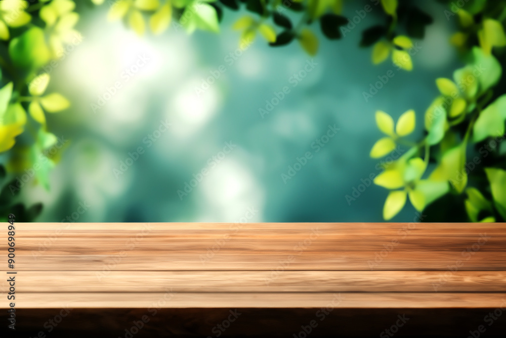 Wooden table with blurred green foliage background, perfect for product display or nature-themed presentations. high quality. Wooden table with blurred green foliage background, perfect for product display or nature-themed presentations. high quality.