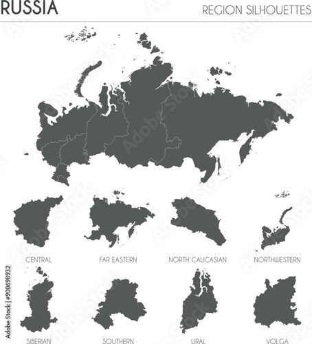 Russia region silhouettes set and blank map of the country isolated on white background. Vector illustration design