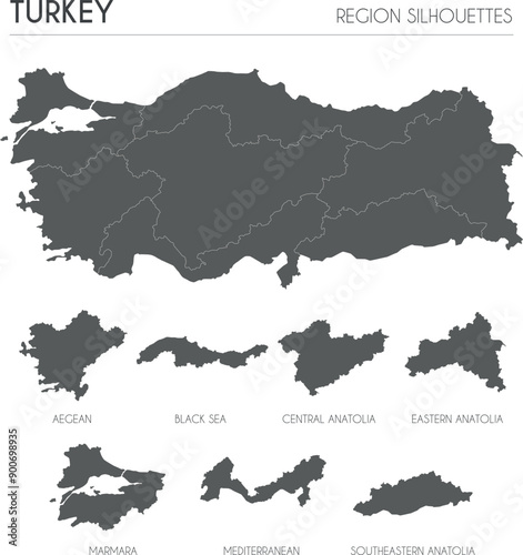 Turkey region silhouettes set and blank map of the country isolated on white background. Vector illustration design