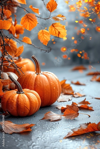 A close up of two pumpkins and some leaves
