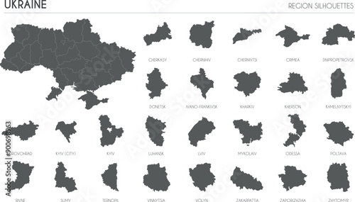 Ukraine region silhouettes set and blank map of the country isolated on white background. Vector illustration design