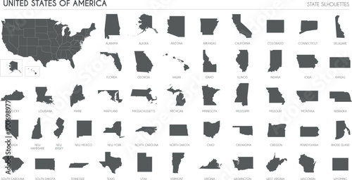 USA region silhouettes set and blank map of the country isolated on white background. Vector illustration design