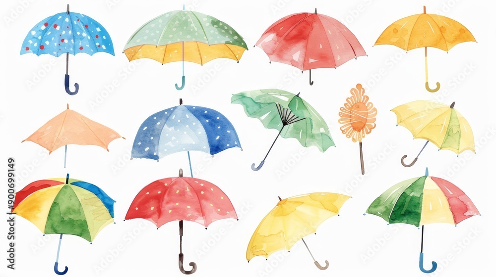 Obraz premium Cute cartoon umbrellas set. White background. Watercolor illustrations set