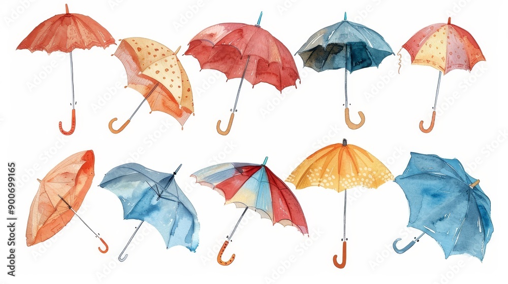 Obraz premium Cute cartoon umbrellas set. White background. Watercolor illustrations set