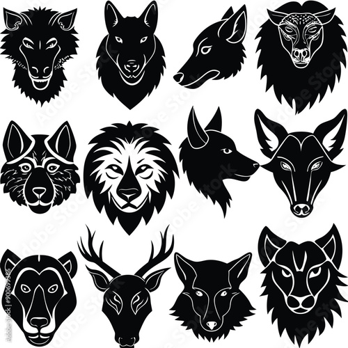 Animals heads drawn vector illustrations different sorts silhouettes set