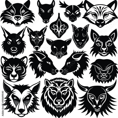 Animals heads drawn vector illustrations different sorts silhouettes set