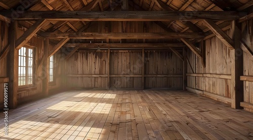 A spacious, empty wooden barn with a rustic look, featuring high ceilings and natural light, ideal for events, photoshoots, or a cozy, rural setting