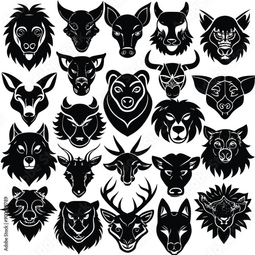 Animals heads drawn vector illustrations different sorts silhouettes set