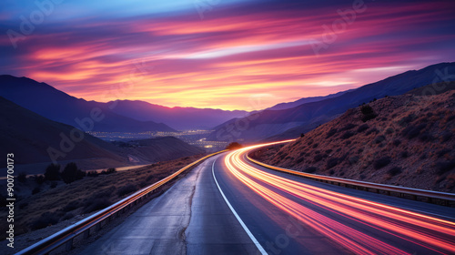 generated illustration of highway in the mountains at night with motion blur and blue sky