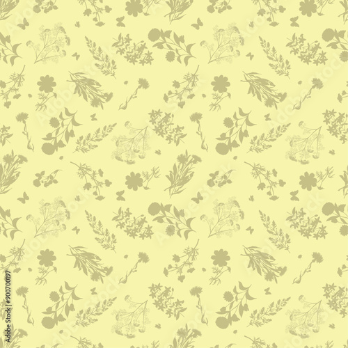 Seamless floral pattern, abstract flower print in romantic vintage style. Elegant botanical design in pink pastel colors: hand drawn wild flowers, leaves in abstract composition. Vector illustration.