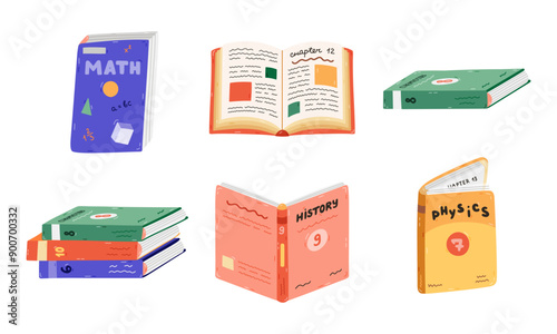 Cute cartoon set with school textbook for different subjects. Kids academic book, literature, encyclopedia. Back to school supply for study, reading, learning. Hand drawn isolated vector illustration