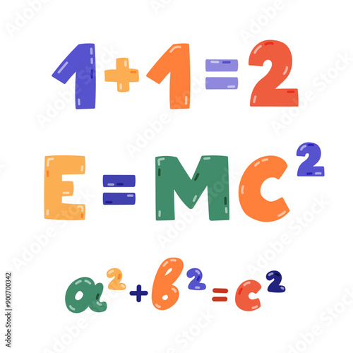Cute cartoon set with lettering of physical and mathematical formulas. Concept of back to school. E equals MC squared, 1 plus 1 equals 2, A plus B equals C. Hand drawn clipart isolated on white.