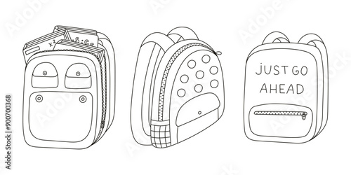 Doodle outline set of kids schoolbag with books and school supplies. Cute rucksack, bag, backpack for children, students. Hand drawn back to school clipart isolated on white. Childish illustration.