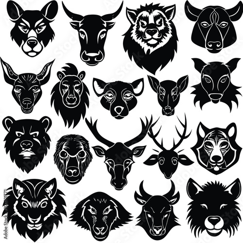 Animals heads drawn vector illustrations different sorts silhouettes set