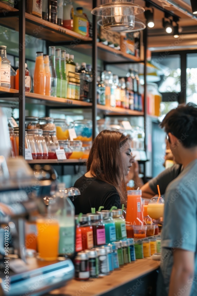 Tropical Juice Bar Scene - Colorful Shelves, Bartender, Patrons Enjoying Unique Blends Tropical Juice Bar Scene - Colorful Shelves, Bartender, Patrons Enjoying Unique Blends