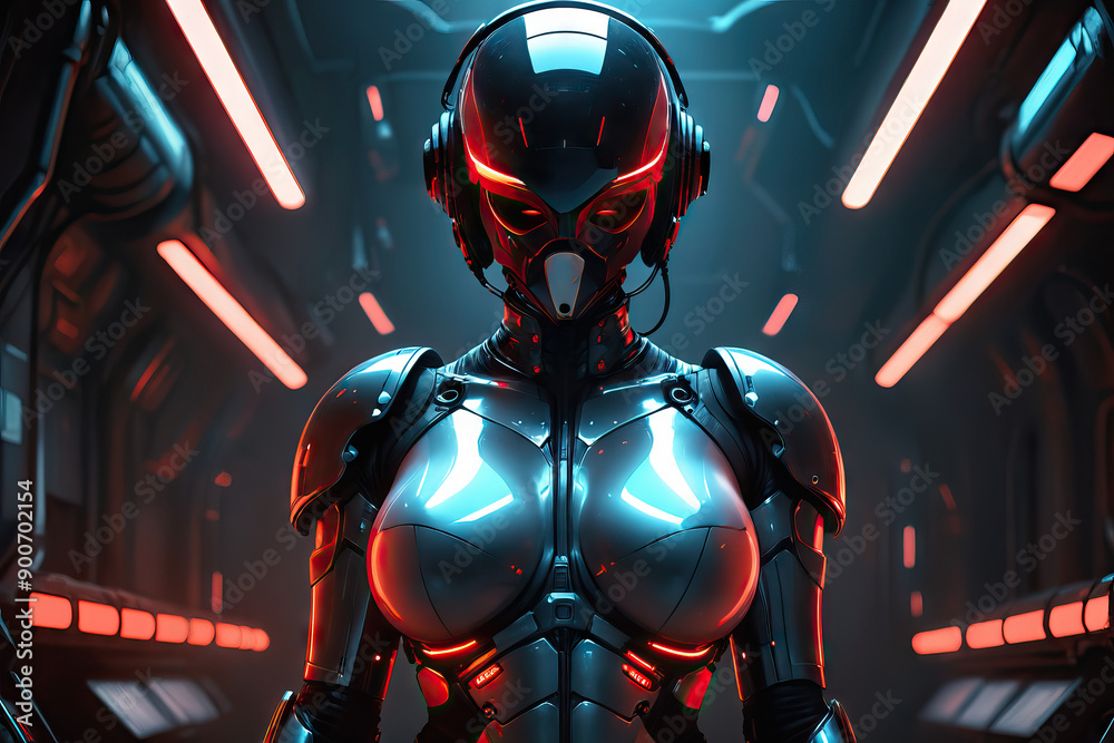 Fototapeta premium Cyberpunk futuristic cyborg woman in neon suit, Generative AI